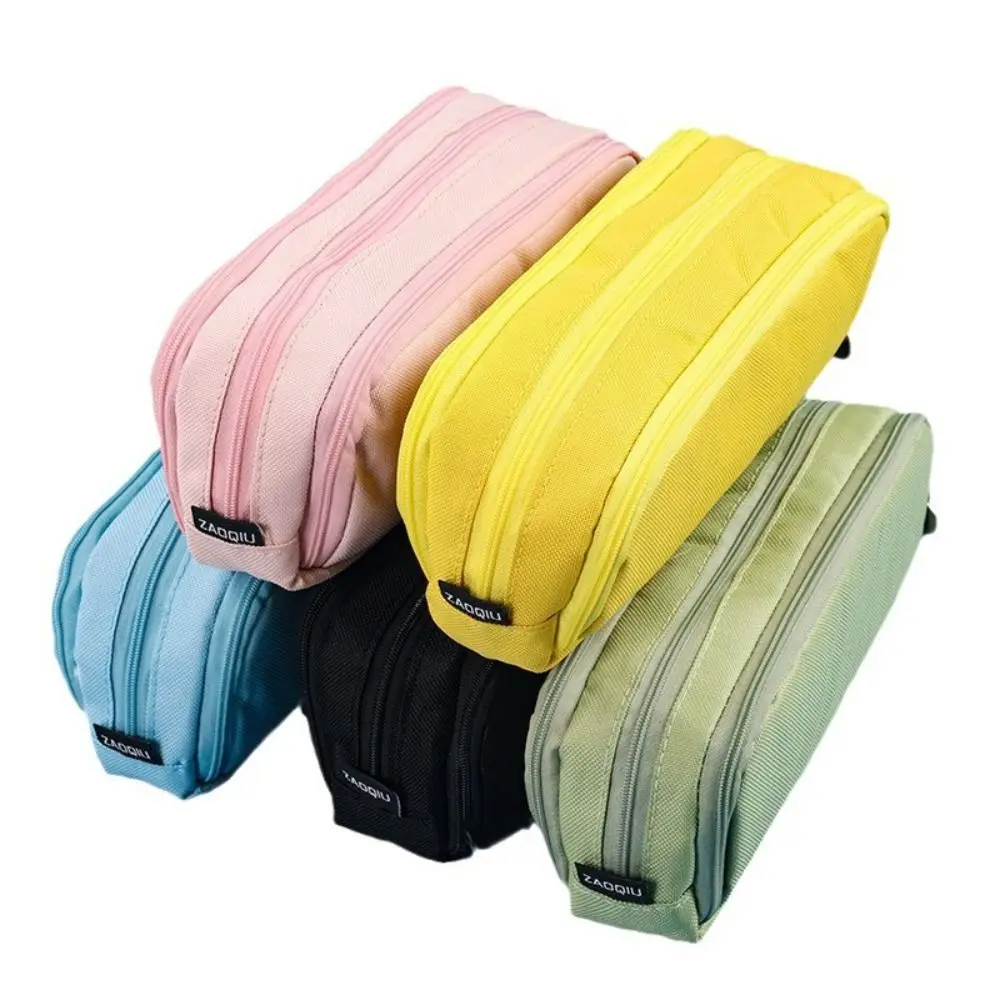 

3 Layer Large Capacity Pencilcase Portable Pen Bag Zipper Pencil Box Multifunctional Solid Color Stationery Organizer