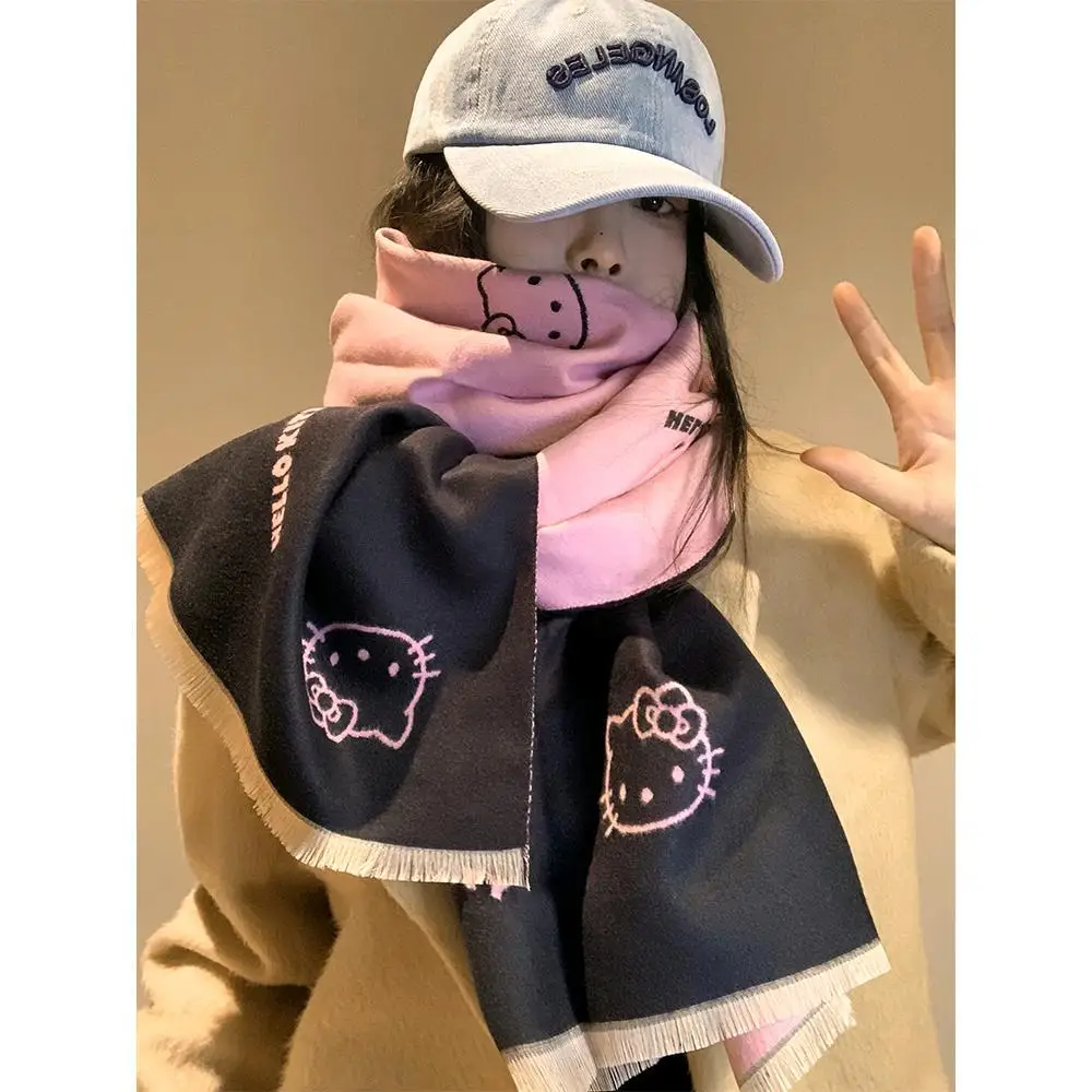 Sanrio Hello Kitty Reversible Imitation Cashmere Scarf Girl Kitty Winter Korean Atmosphere Pink Warm Neck Scarf Holiday Gifts