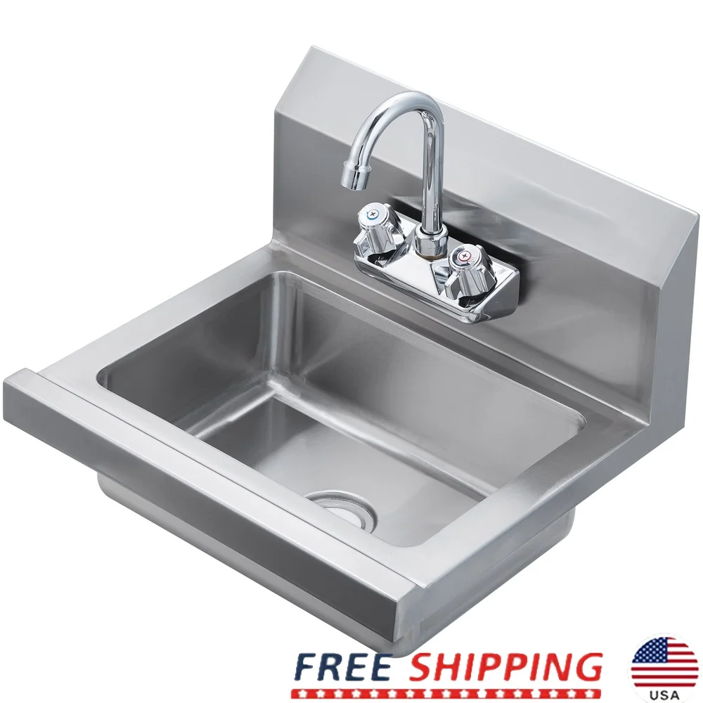 

Коммерческая настенная раковина для мытья рук из нержавеющей стали с 360° ° Смеситель и высокий фартук для кухни, прачечной, ресторана