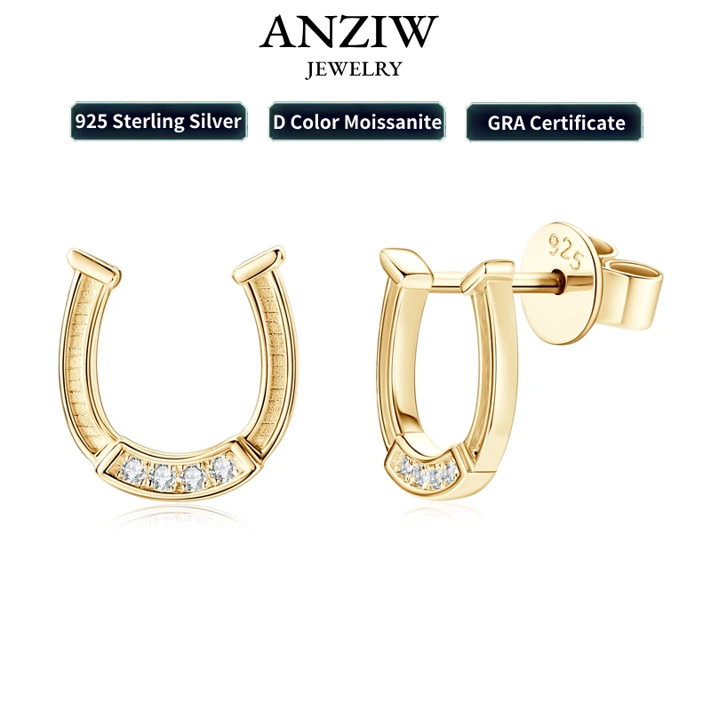 Anziw Lucky Horseshoe Stud Earrings Real 925 Sterling Silver 1mm Moissanite C U Shape Piercing Earrings for Women Jewelry 2024