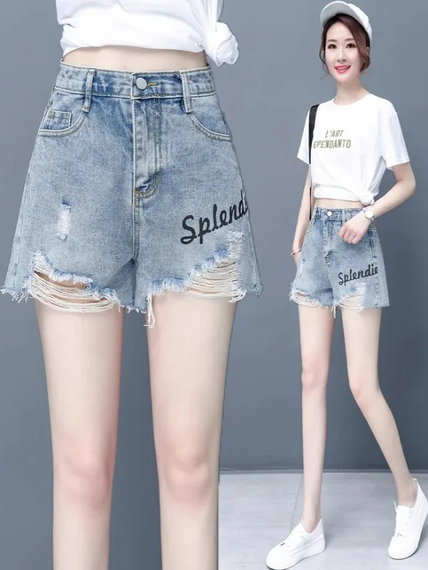 

Summer Thin High Waist A-Line Large Size Fat MM Wide Leg Hot orts Women's Embroidered Letter Denim orts Slim Fit ort Pants