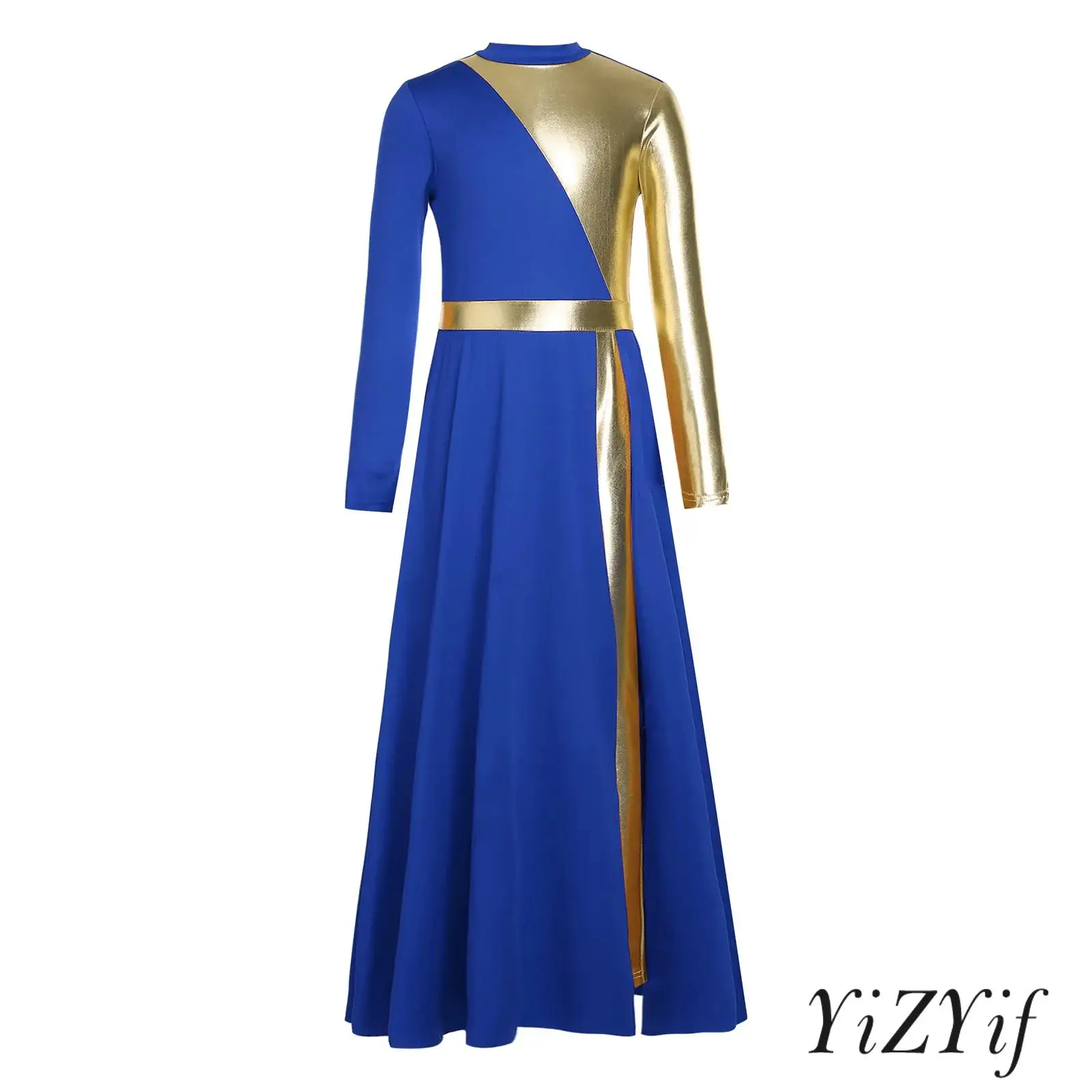 

Kids Girls Liturgical Praise Dress Metallic Color Block Ballet Lyrical Dance Dress Long Sleeve Church Choir Worship Costume