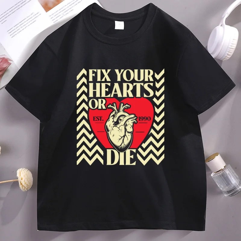

Fix Your Hearts or Die T-Shirt Men Women Twin Peaks T-Shirts Retro Cotton Short Sleeve Round Neck Tees Breathable Male Tee