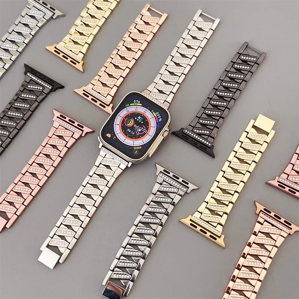 Metal Strap for Series 9 Apple Watch Band 41mm/40mm/38mm Bling Stainless Steel Bracelet Work for Apple Watch 49mm 45mm 44mm 42mm