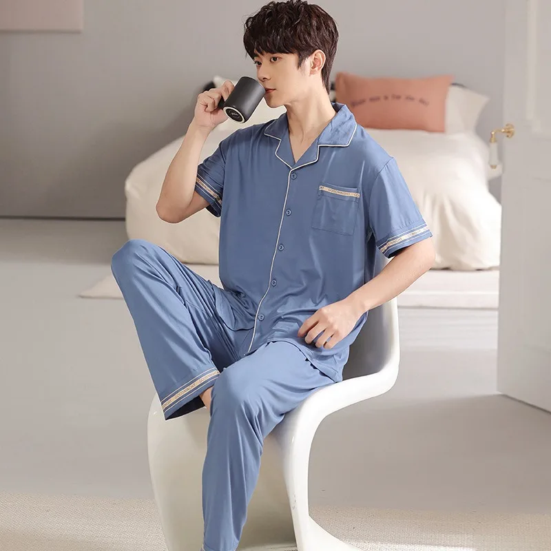 

110KG Plus Size Men Imitation Cotton Pajamas Set 2 Piece Button Down Sleepwear Long Pants Loungewear with Pockets Home Clothes