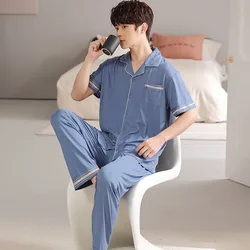 110KG Plus Size Men Imitation Cotton Pajamas Set 2 Piece Button Down Sleepwear Long Pants Loungewear with Pockets Home Clothes