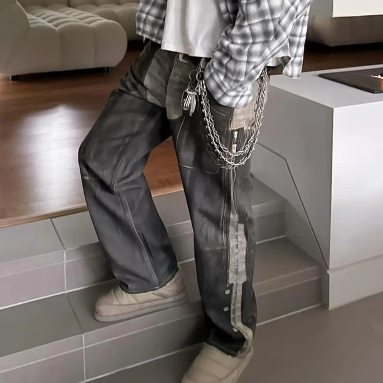 Heavyweight Deconstructed Spliced Denim Pants Men Women Washed Distressed Zipper Street Flare Jeans