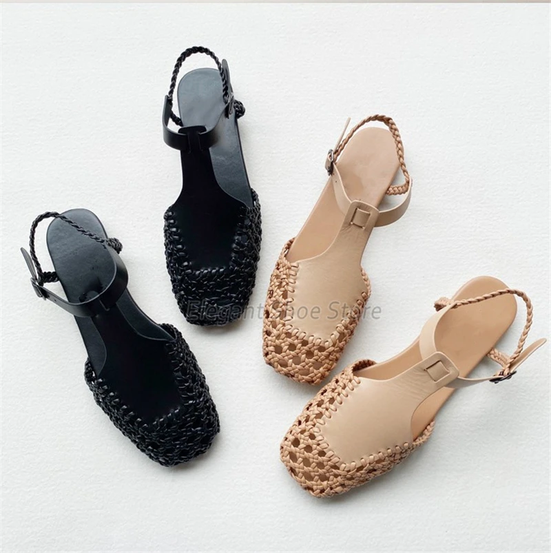 Letnie nowe tkane sandały dla kobiet Retro Mesh Hollow Ankle Strap Casual Flats Roman Square Toe Leather Female Mary Jane Shoes