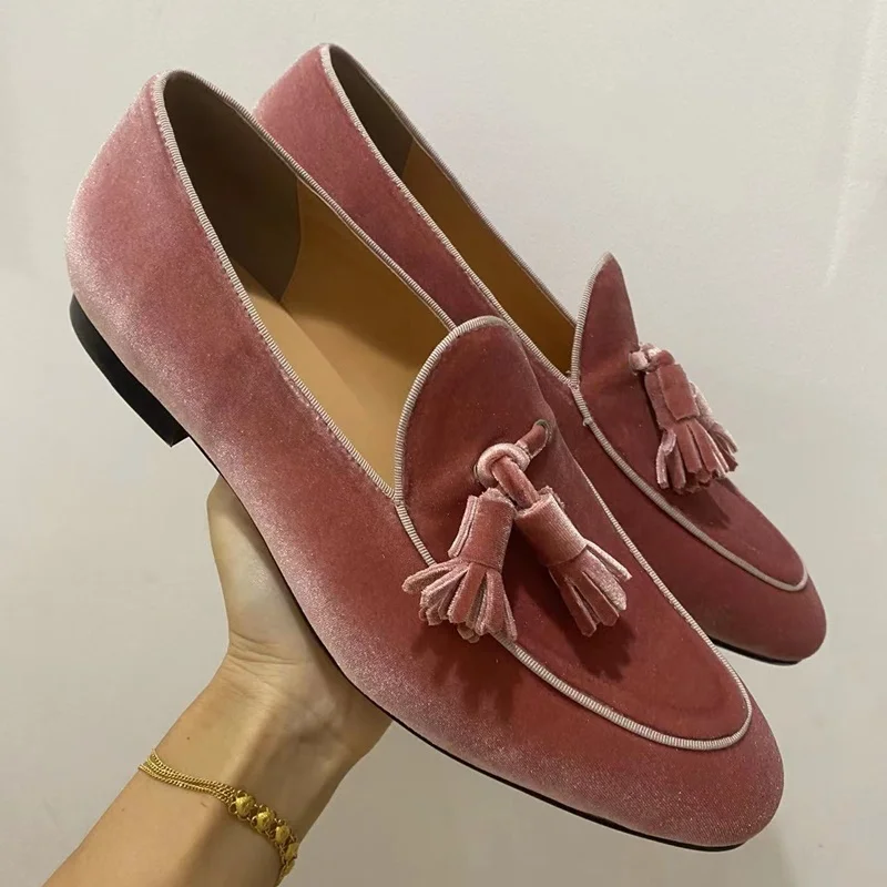 LTTL New British Style Pink Velvet Shoes For Men Handmade Tassel Loafers Men's Casual Flats Boat Shoes Smoking Slippers