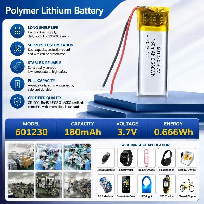 100pcs 601230 Polymer lithium battery Bluetooth headset Recorder pen Electric toothbrush 180mAh KC certified long battery life