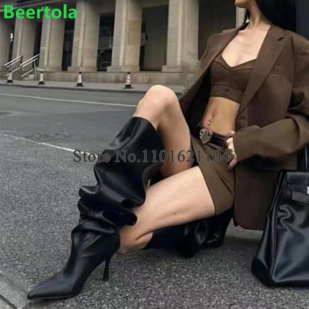 

Thin High Heel Runway Pile Up Boots For Female Women 2024 New Arrivals Pointed Toe Slip-on Fashion Knee-high Solid Sexy Shoes