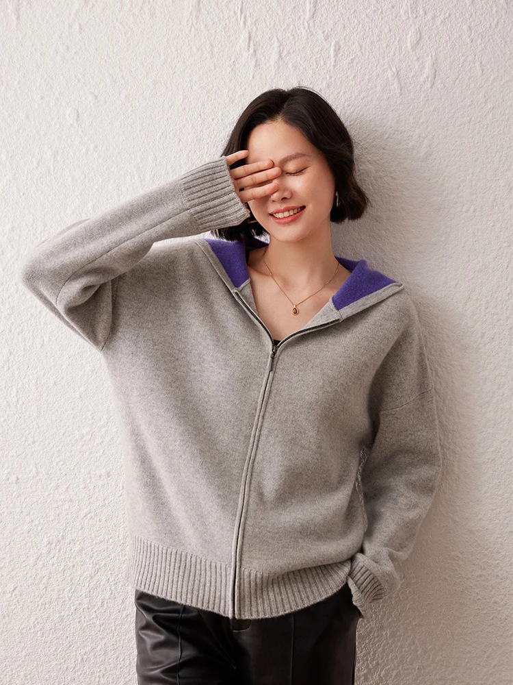 ฤดูใบไม้ผลิฤดูใบไม้ร่วงHoodedสีทึบซิปเสื้อสเวตเตอร์ถักแคชเมียร์เสื้อถักเสื้อกันหนาวผู้หญิงคุณภาพสูงสไตล์เรียบง่ายเสื้อสบาย