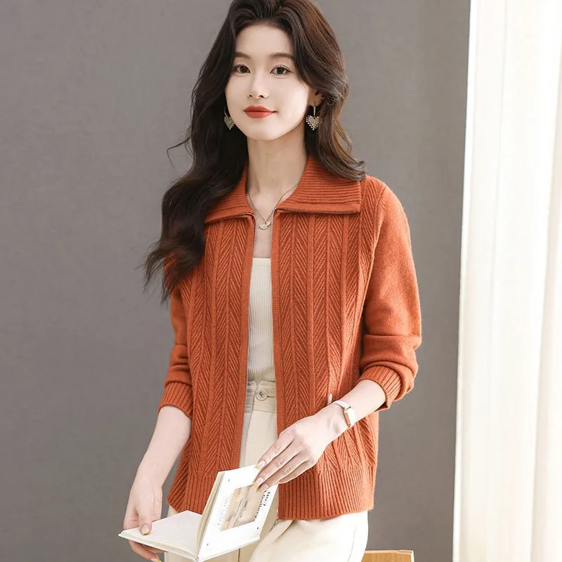 

Spring Autumn New Style Women's Open Cardigan Polo Collar Spiral Design Zipper Jacket Loose Long Sleeve Knitted Sweater