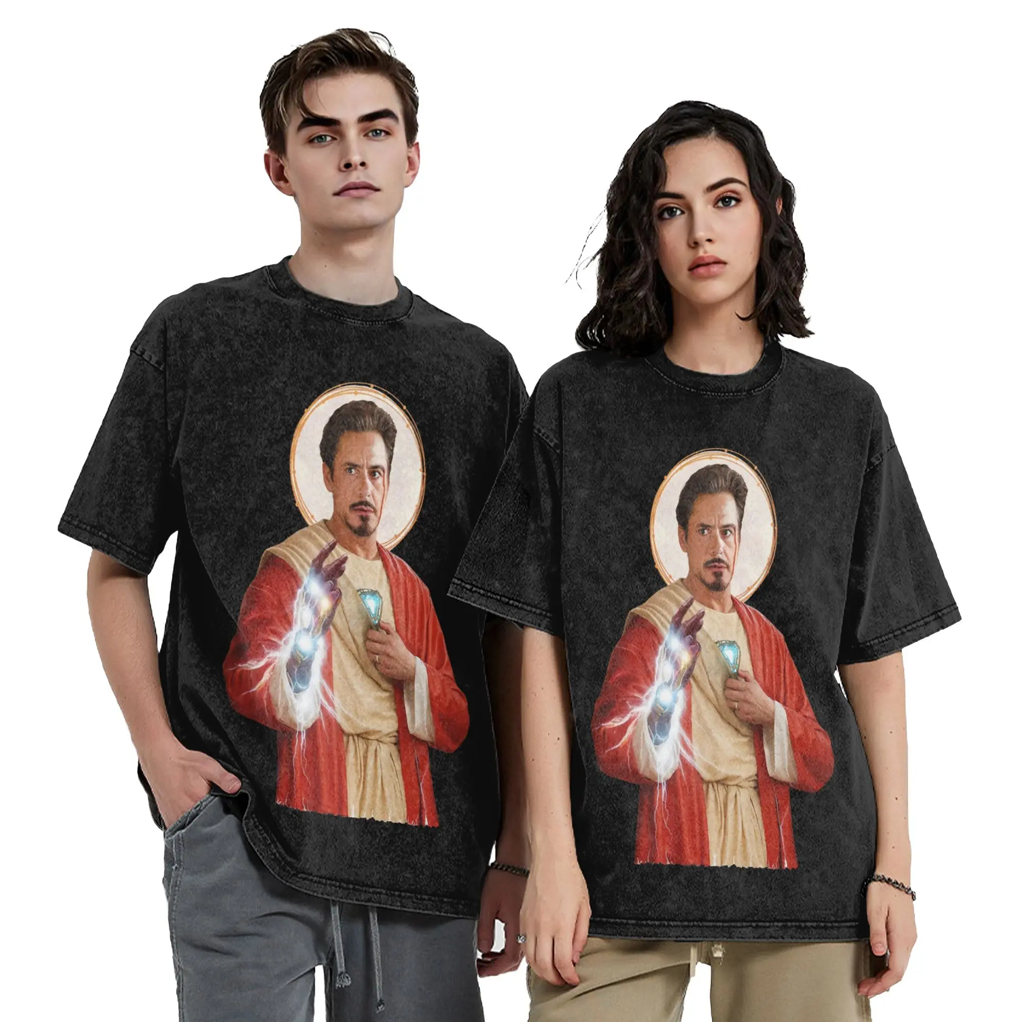 Saint Robert Downey Jr. Washed T Shirts Streetwear Hip Hop Vintage T-Shirts Tee Shirt for Men Women Oversize Printed