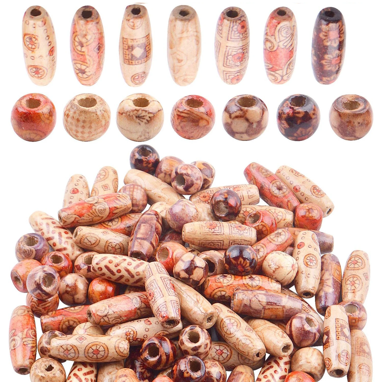 

100 штук круглых деревянных бусин с принтованным узором, овальные деревянные бусины-разделители для изготовления украшений своими руками, для рукоделия, 2 размера