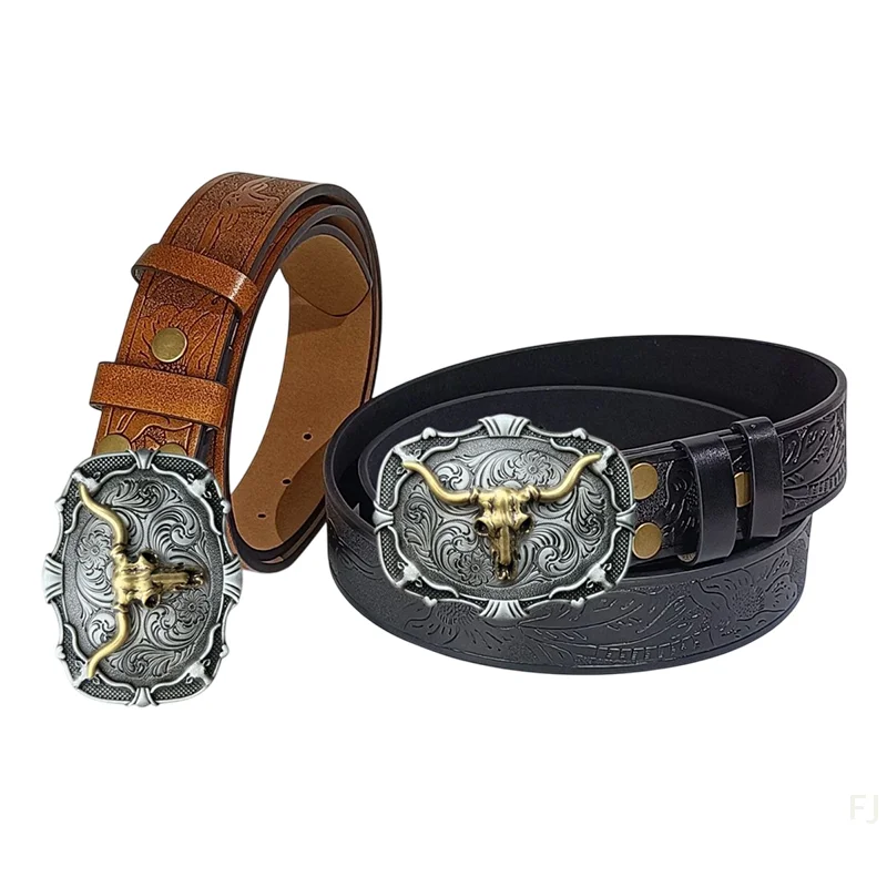 

[YU]1pc Men's Casual Vintage Carved 3D Bull Head Round Metal Buckle Brown Floral Embossed Belt