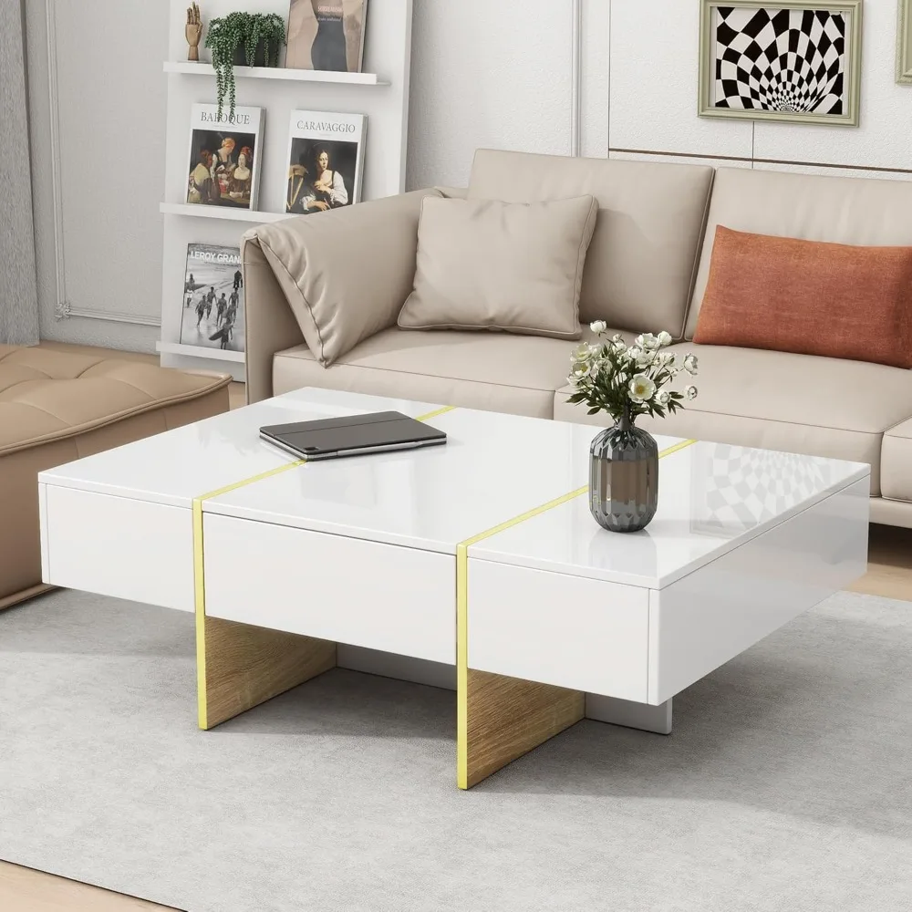 

47.2'' x 31.4''Minimalist High Gloss Coffee Table with 2 Drawers, Multi-Storage Rectangle Sofatable with Golden Wood Grain Legs