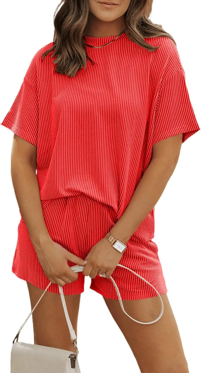 أطقم بيجامات نسائية مكونة من قطعتين ملابس نوم Pjs ناعمة ومريحة بأكمام قصيرة ملابس علوية وسروال قصير طقم ملابس للاستلقاء #4