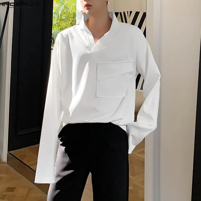 INCERUN الرجال قميص بلون التلبيب كم طويل جيوب موضة الرجال الملابس الشارع الشهير فضفاض موضة بلايز عادية قمصان الذكور #5