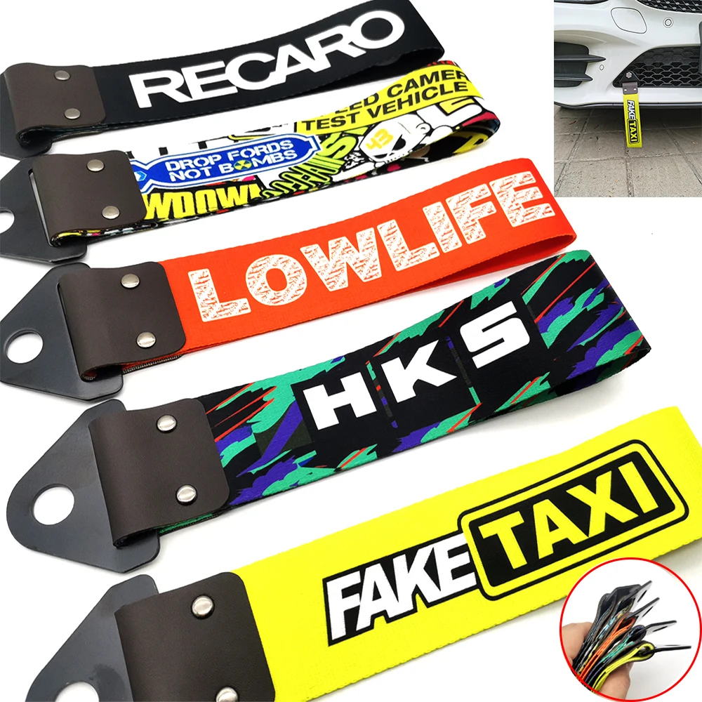 JDM Racing Style Tow Strap Universal Competition Tow Bar Nylon Car Tow Rope Hook Front Bumper Decorative Streamer Fake Taxi