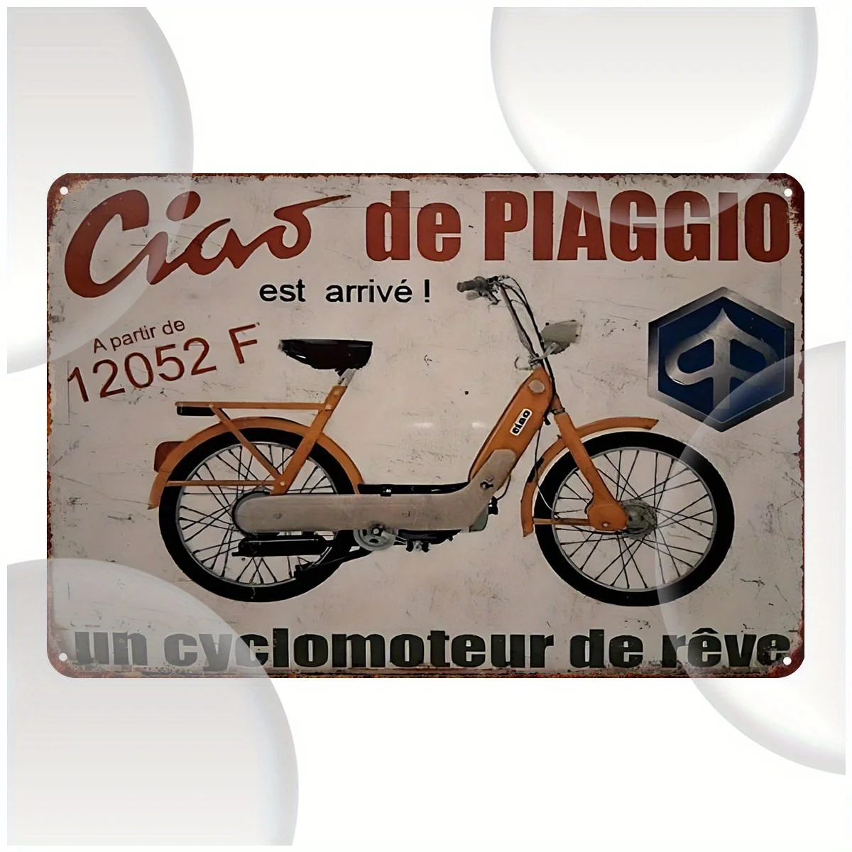 Vintage Piaggio Ciao Motorcycle Metal Sign -  Frameless Iron Wall Art, Retro Scooter Design with French Text, No Battery Needed