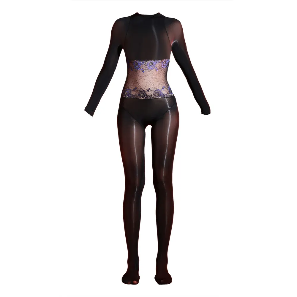 مثير المرأة الدانتيل الخصر المرقعة ارتداءها النفط لامعة لامعة Bodystockings مفتوحة المنشعب شير انظر من خلال الجوارب خادمة يوتار #3