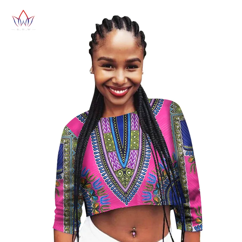 

BRW Women's Summer Dashiki African Printed Crop Top Half Sleeve Cotton T Shirts Brand New Casual Tees Cropped Top WY1501