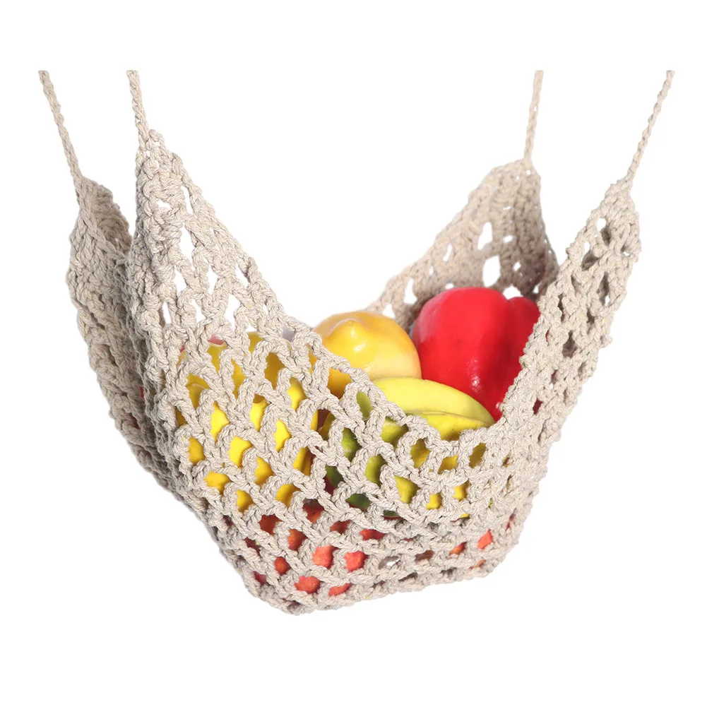 Hand-Woven Macrame Fruit Cotton Rope Net Under Cabinet Fruit Vegetable Hanging Basket Kitchen Storage Organizer Decoration