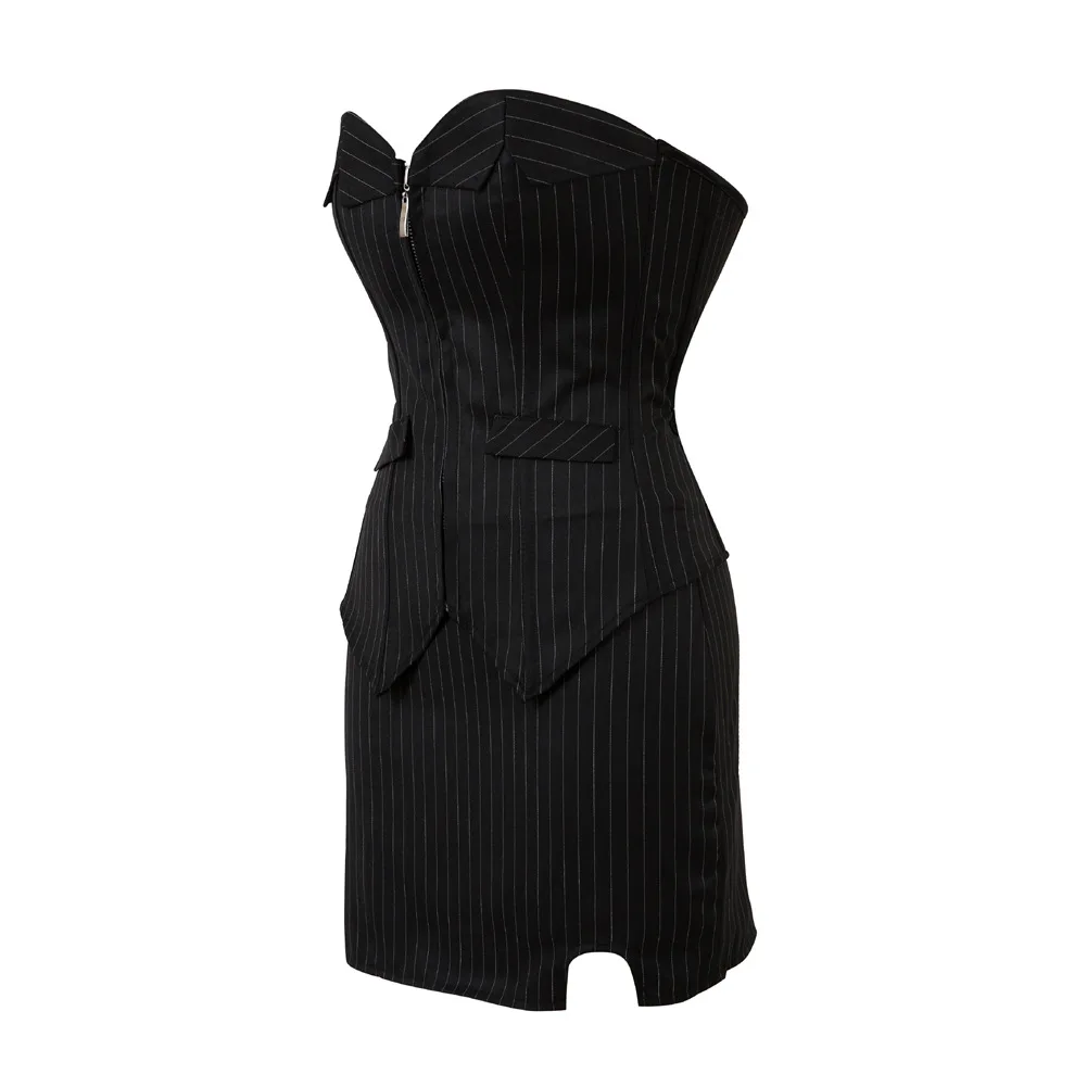 

Women Black Sexy Pinstripe Overbust Corset Tops And Skirt Fashion Office Lady Corselet Suit Front Zipper Body Shaper Bustiers