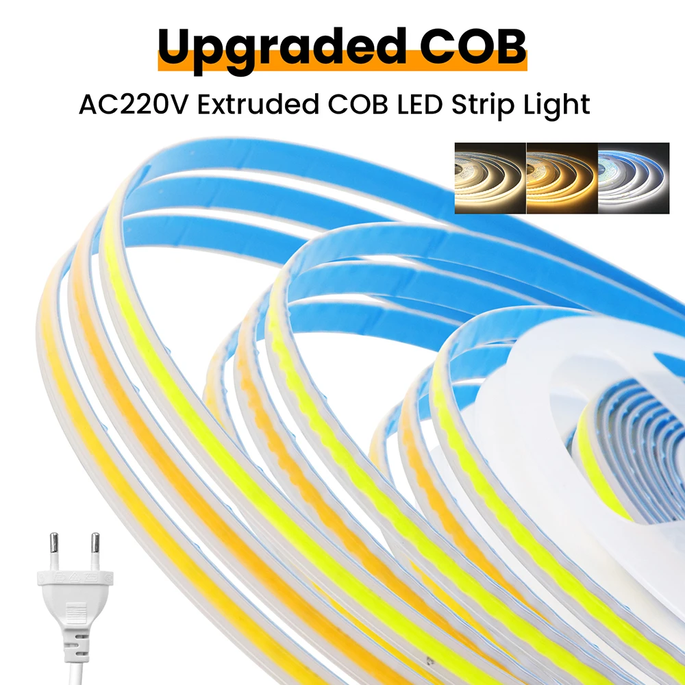 COB LED Strip Light Waterproof 220V 110V AC 2pin Connector/EU US Power Plug Kit 3000k 4000k 6000k 288LEDs/m Flex Tape Lamp