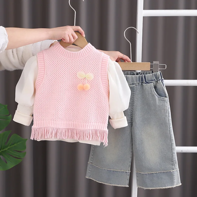 3PCS Spring Fall Kids Girls Clothes Korean Fashion Cute Cherry Baby Tops+Knit Vest+Loose Jeans Toddler Boutique Clothing BC2269