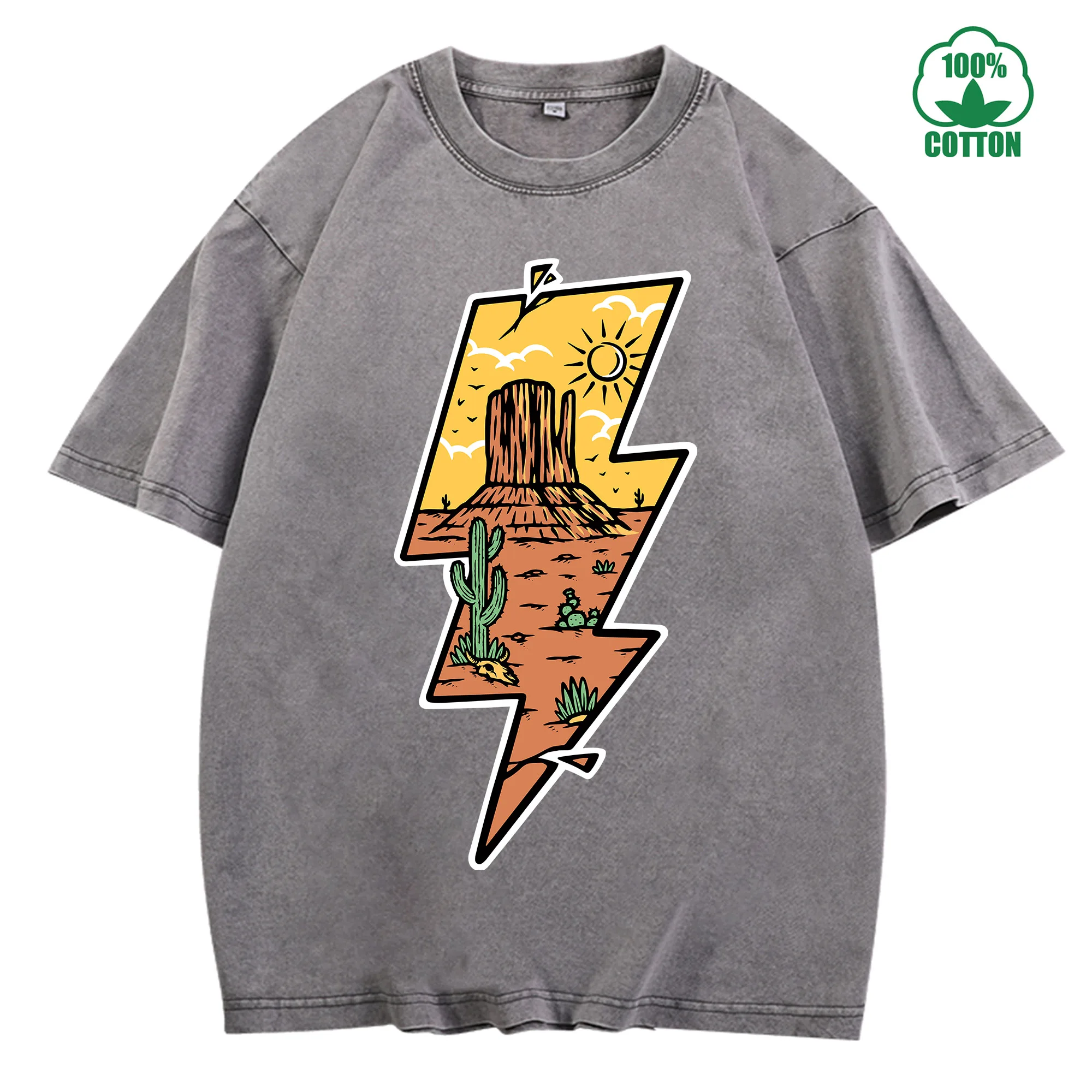 تي شيرت Desert Bolt Vintage مغسول 230 جرام 100% قطن مريح كبير الحجم ملابس الشارع للجنسين #3