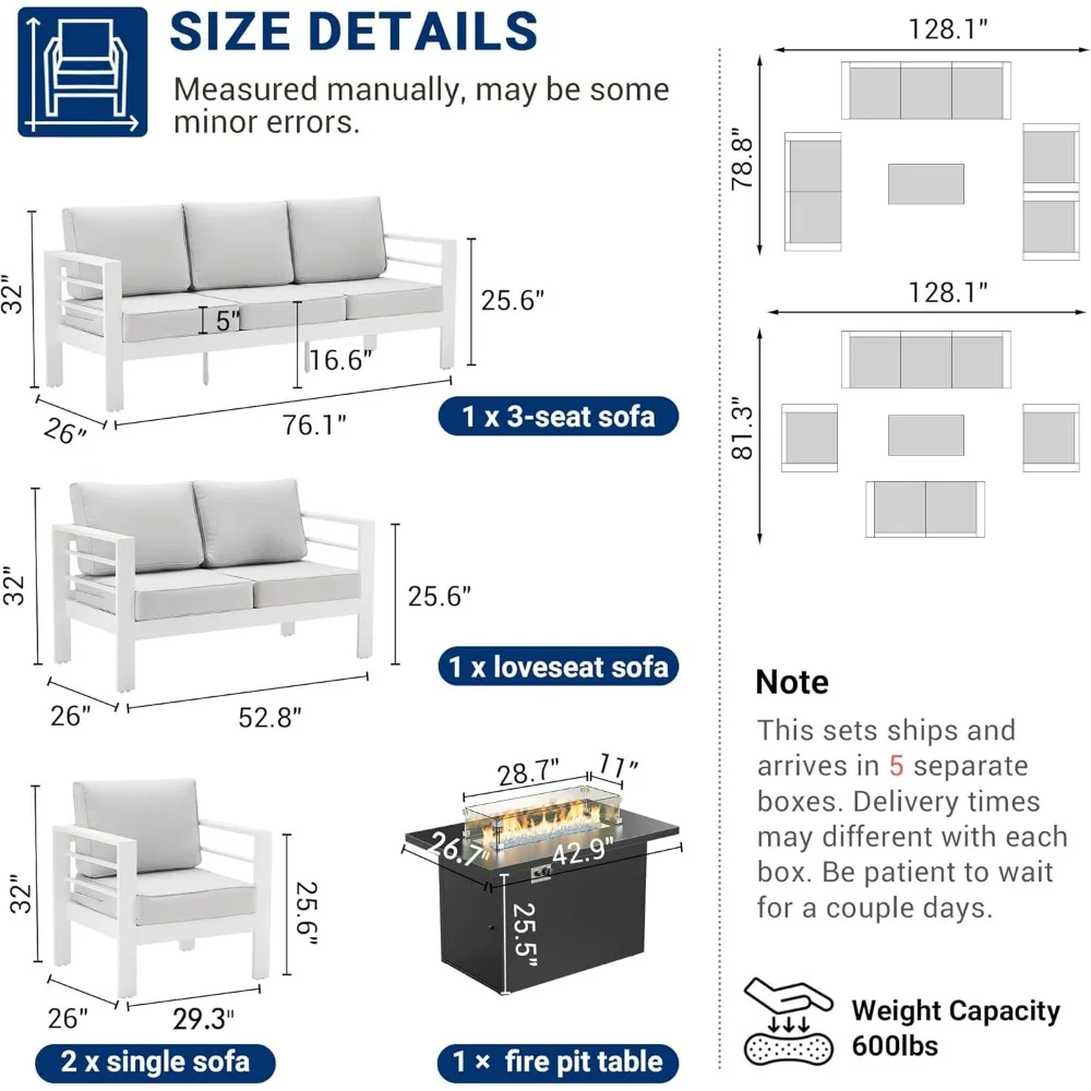 Patio Furniture Set, with Fire Pit, 7 Seats Modern Outdoor Furnitures with Thickness 5