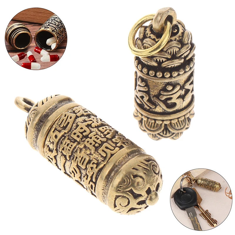 1PC Vintage Pill Box Container for Home Garden Decor Handmade Hollow Brass Buddha Sutra Cylinder Pendant Keychain