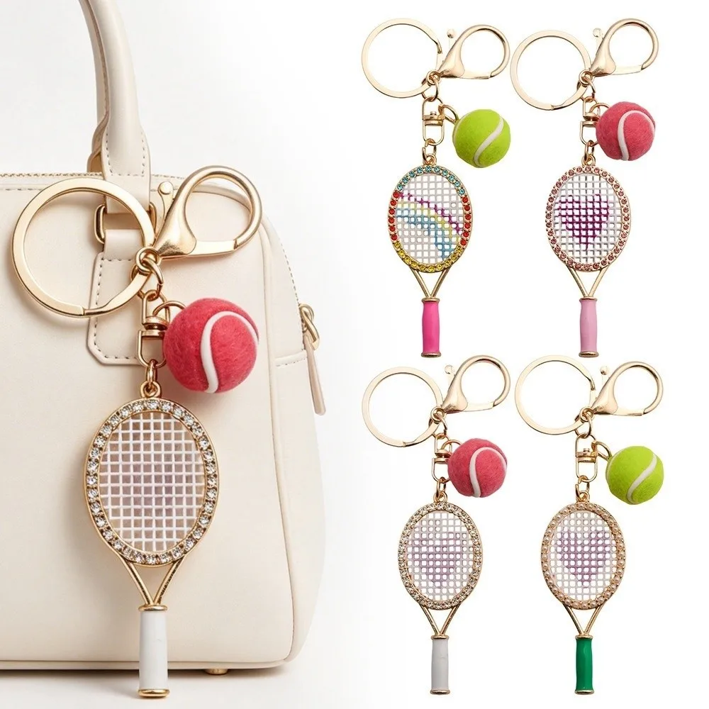 Alloy Inlaid Rhinestone Tennis Racket Keychain Mini Felt Ball Metal Pendant Design Bag Charm Pendant DIY Craft Style