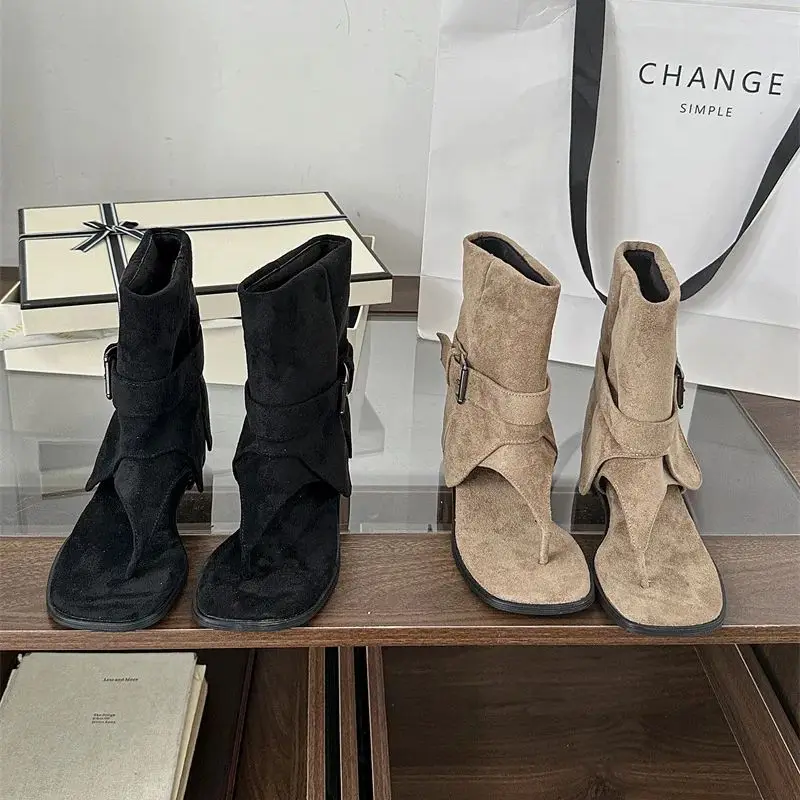 Black Low Heeled Sandals Woman Thong Wedges Shoe Roman Belt Buckle Summer Boots Ladies Peep Toe Wedge Ankle Boots