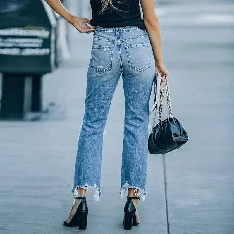 Women Jeans Flash Straight Pants Holes Washing Denim Pockets Loose Fit High Street Slight Strech Solid Color Spring 2024