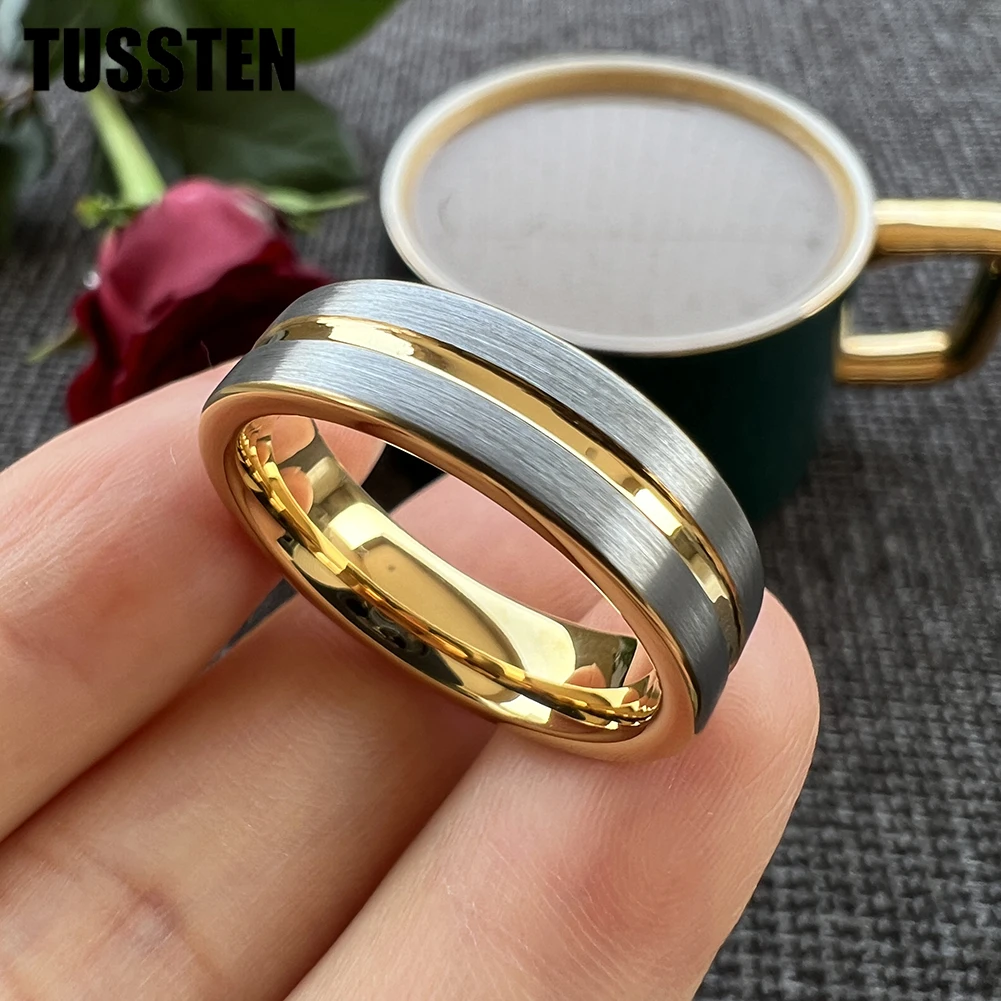 TUSSTEN 6MM Center Groove Flat Brushed Tungsten Ring For Men And Women's Fashionable Engagement And Wedding Rings