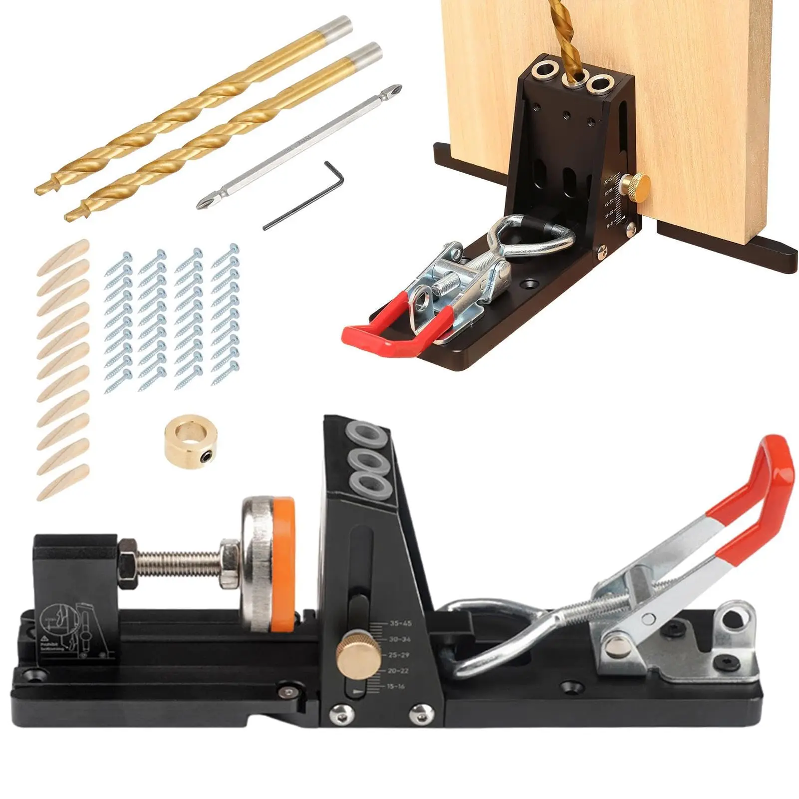 Pocket Hole Jig Kit, Adjustable Woodworking Tools Pocket Dowel Hole Jig System Set Wood Woodwork Guides Joint Angle Tool