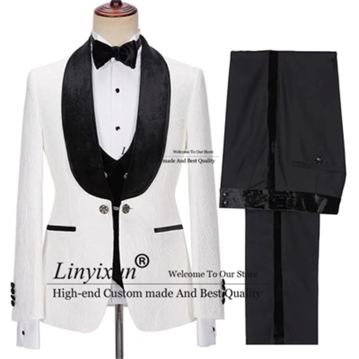 Fashion Jacquard Men Suit for Wedding Slim Fit Customized Business Office Blazer 3 Piece Shawl Lapel Groom Tuxedo Outfit Set