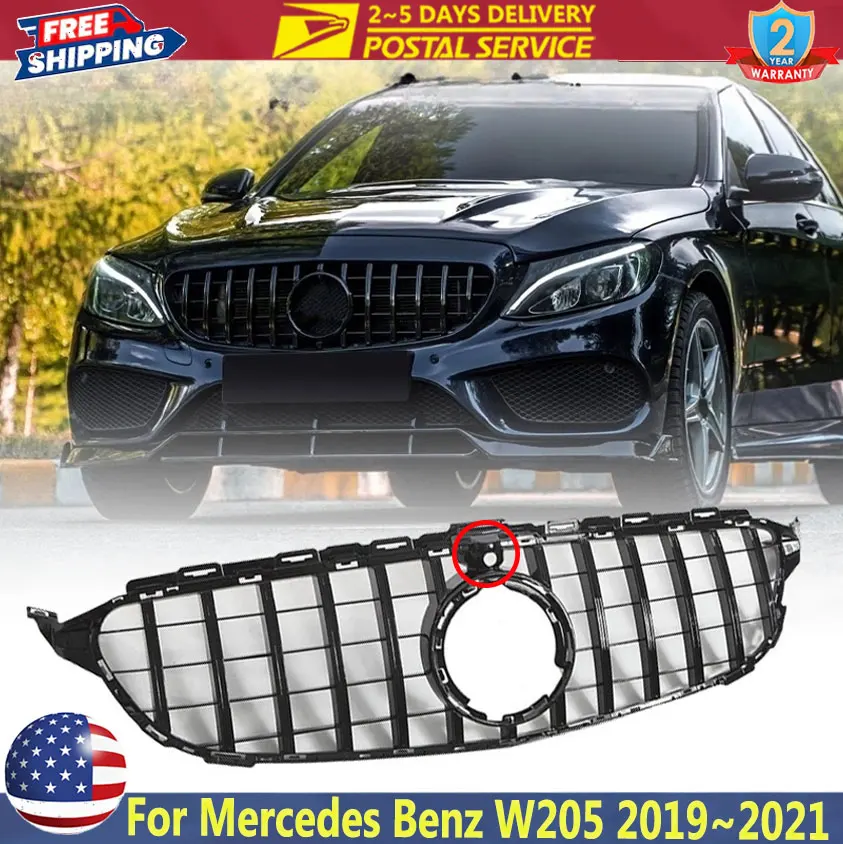 

GT Style Grille Front Bumper Grill For Mercedes Benz W205 C200 C250 C300 C43 AMG 2019~2021 Gloss Black Grille With Camera Hole