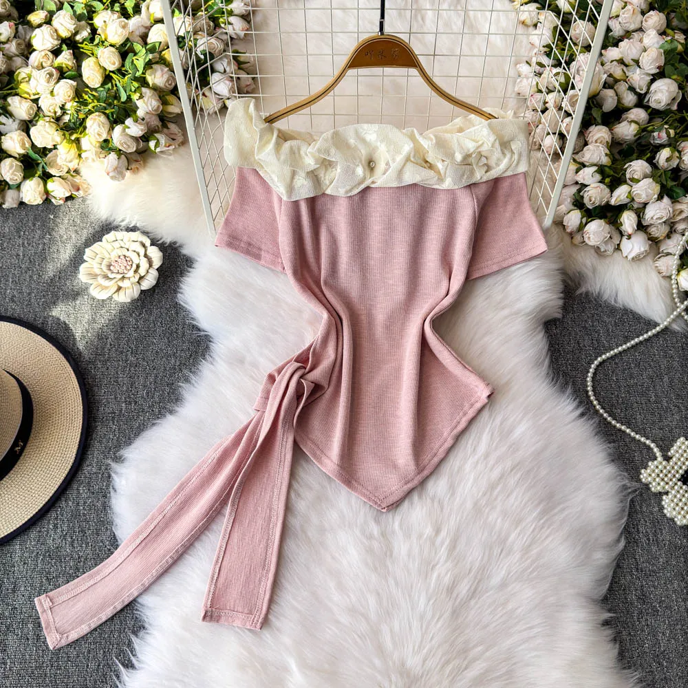 

Female Summer Bandage 3D Flower Shirts Tops Short Sleeve Asymmetric Blouse Tees Hot Sweet Trendy Korea Styles Lolita Pullovers