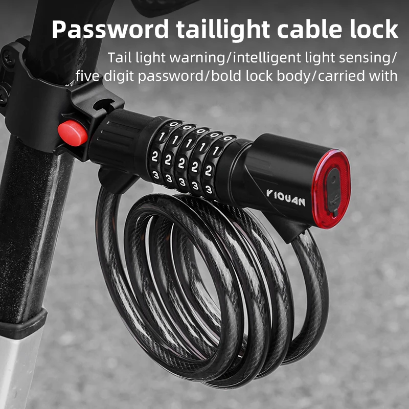 

Bicycle Lock with Tail Light 5-Digit Security Password Bike Lock Steel Cable Chain Anti-theft Bicycle Bike Accessories