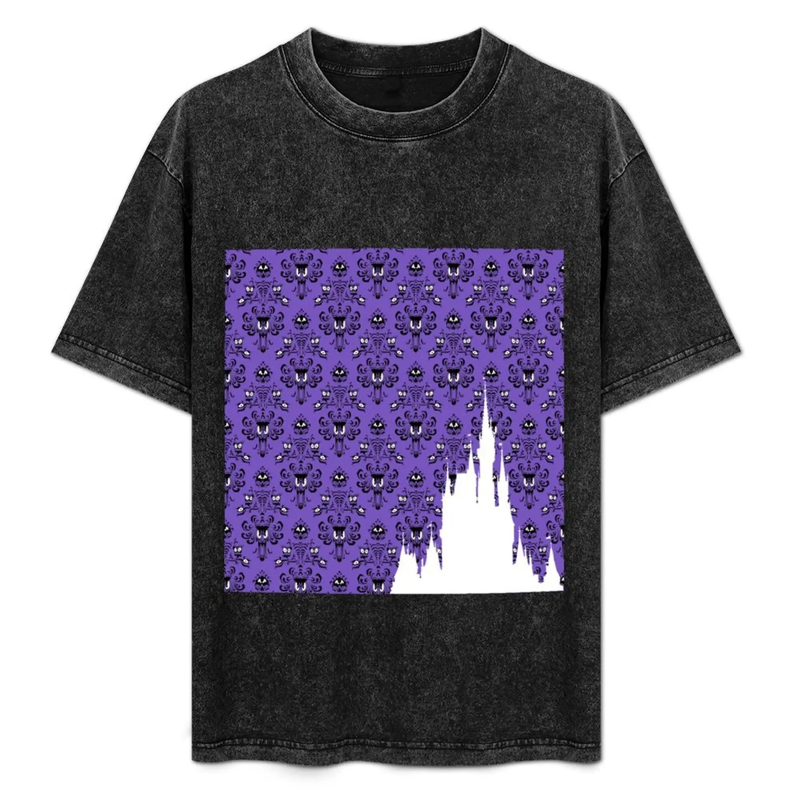 

Magic Castle Silhouette Haunted Mansion Wallpaper T-Shirt Basic Solid Color Short Sleeve Cotton Top