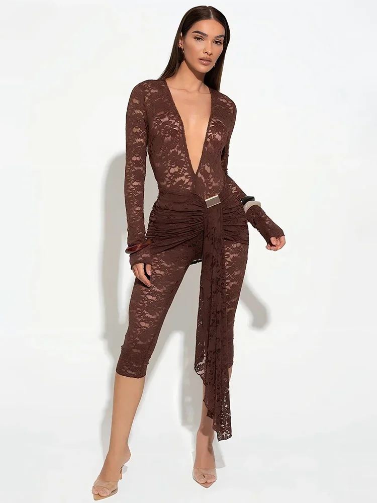 

Lace Draped Ruched Sexy Skinny Playsuit Women Romper Fashion Summer New Hollow Out Deep V Neck Long Sleeve Playsuits