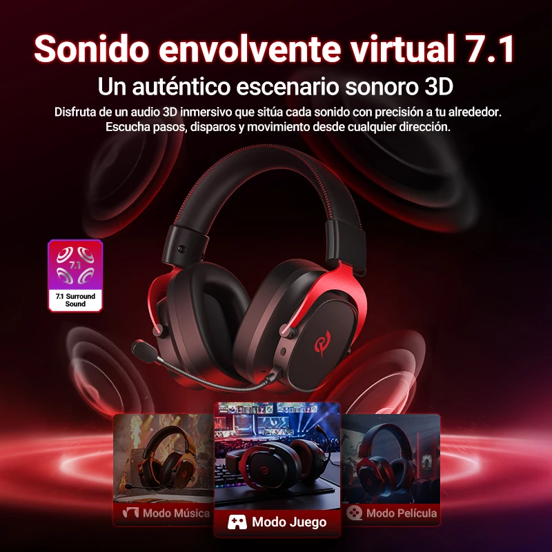 QCY Wireless Gaming Headset Heroad VT200 Audífonos Gamer con Micrófono Desmontable, Over-Ear, Conexión Tri-Mode, Sonido Surround 7.1 para PC/PS4/PS5