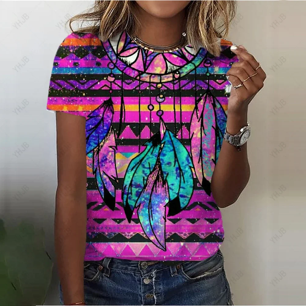 Verano cuello redondo de talla grande Casual estampado bohemio señoras camisetas León estampado 3D camiseta mujer moda suelta manga corta Tops