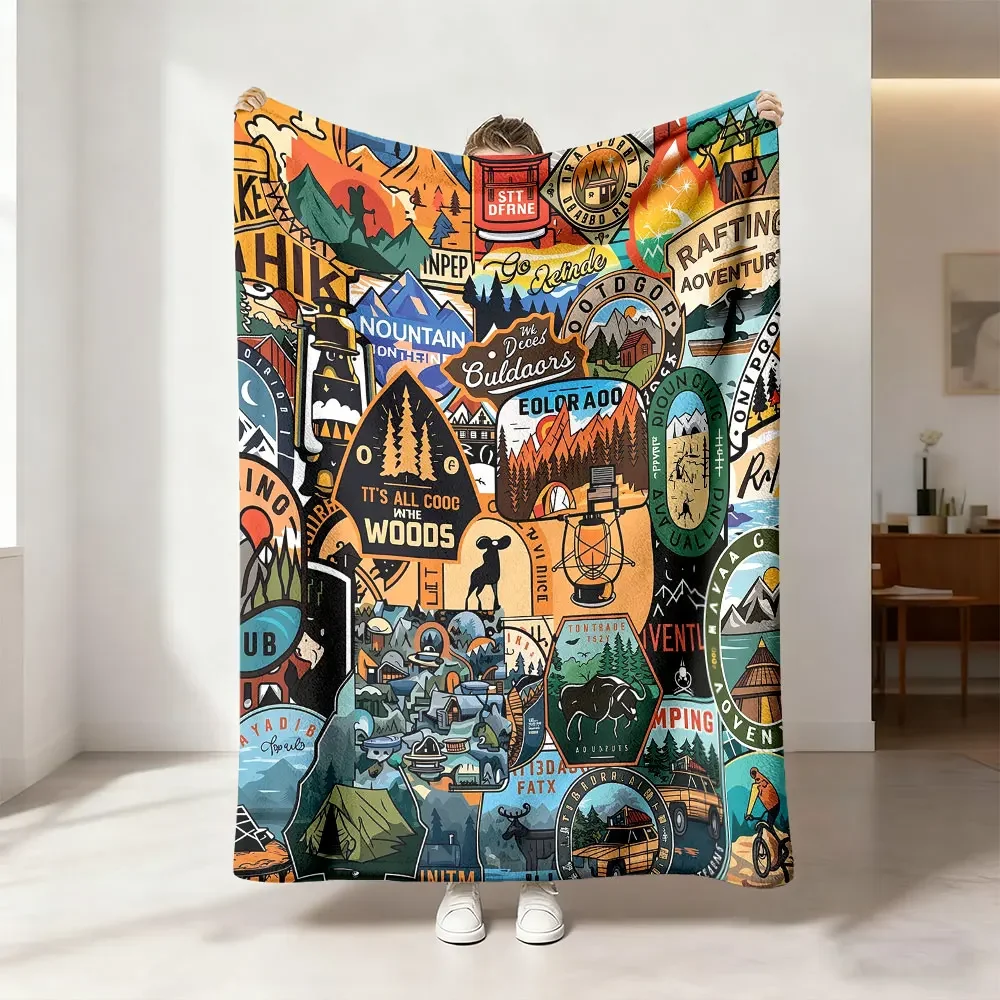1pc Retro Outdoor Camping Adventure Sticker Collage Flannel Blanket Soft Comfortable Lunch Breaks Casual Gift Throw Blanket