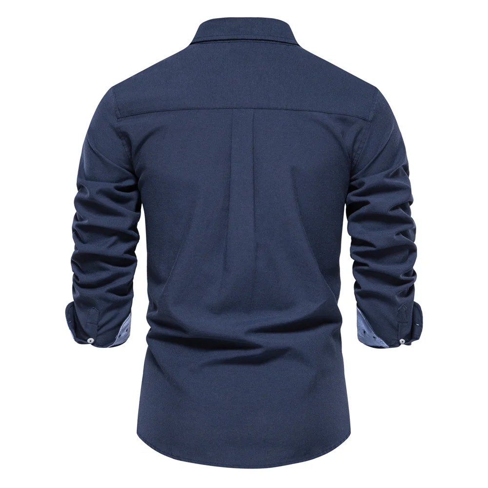 Men's Spring/Fall Long-Sleeve Button-Down Solid-Color Shirt Suitable for Business and Casual Occasions Contrasting Cuff Design