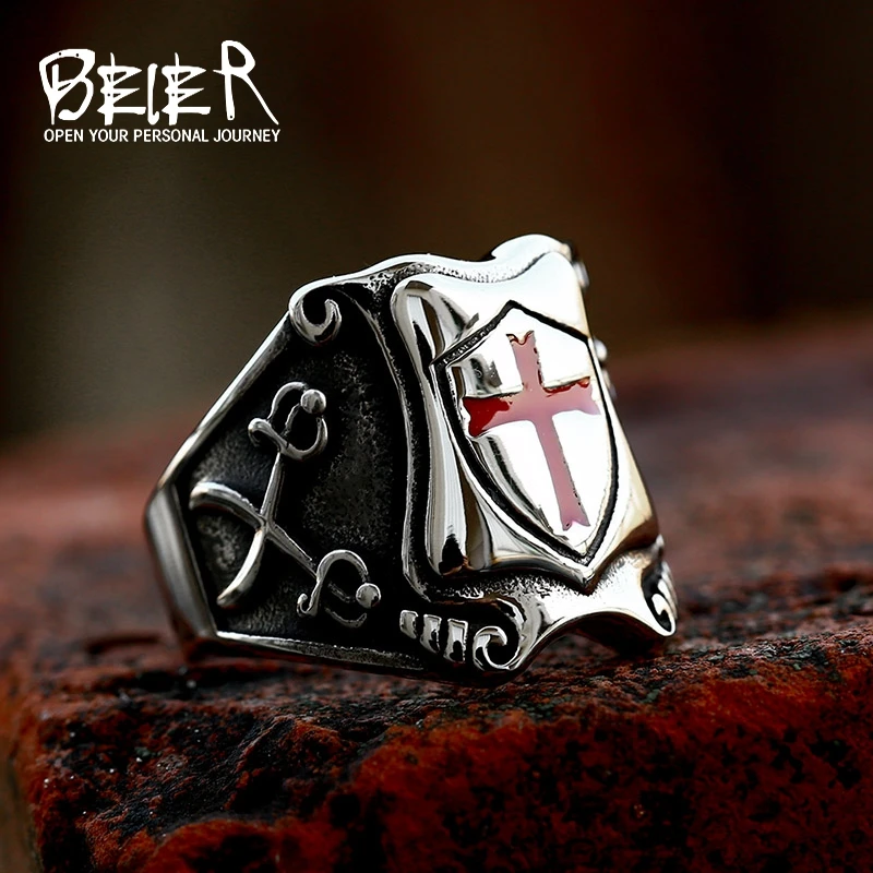 BEIER New Stainless Steel Templi Signvm Militie Ring For Man Personality Cross Knight Jewelry Wholesale Factory Price BR8-823